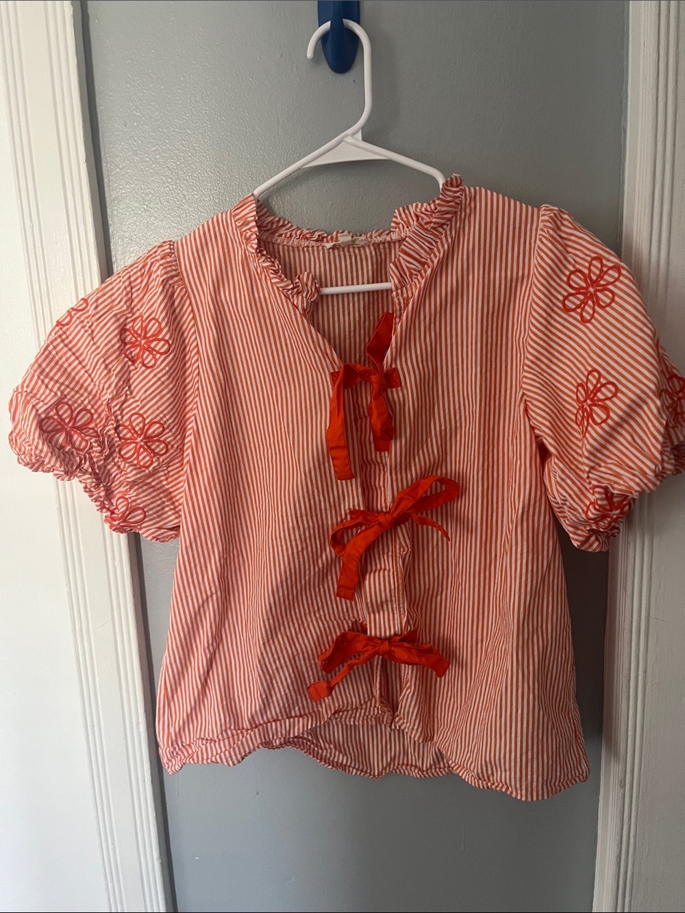 Orange & White Striped Tie-Front Peasant Blouse